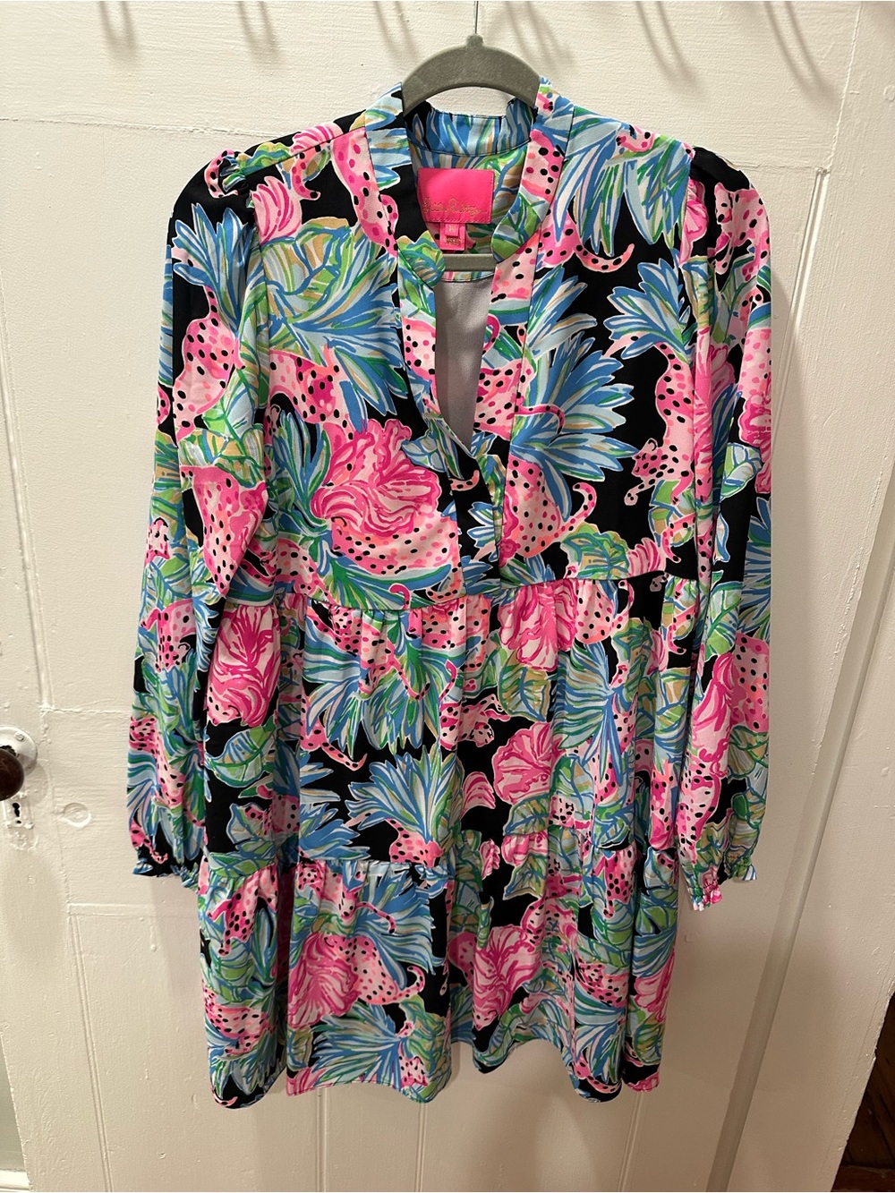 Lilly Pulitzer Black Floral Pink & Blue Long-Sleeve Tiered Dress